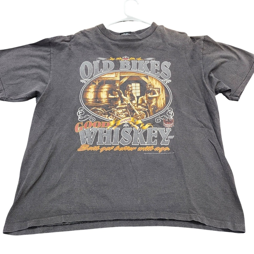 Vintage 3d Emblem Shirt Mens Xl Gray Old Bikes Good Whiskey Biker Tee Made Usa